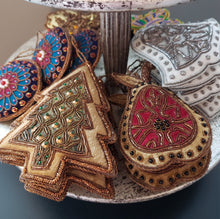 Load image into Gallery viewer, Tray of hand made hand embroidered beaded vintage inspired velvet Christmas tree hanging ornaments.