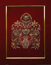 Load image into Gallery viewer, Hand embroidered burgundy velvet tapestry with metallic copper and bronze finish and inlaid with gemstones, zardozi wall art.