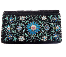 Load image into Gallery viewer, Embroidered velvet and blue luxury jewelry box side view.

