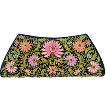 Load image into Gallery viewer, Luxury hand embroidered multicolor floral silk evening bag on black silk with star ruby and ruby gemstones, zardozi clutch.