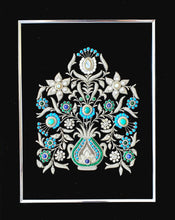 Load image into Gallery viewer, Statement black velvet tapestry embroidered with silver metallic threads and inlaid with turquoise and malachite and moonstone.