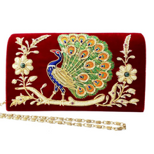 Load image into Gallery viewer, Peacock Embroidered Velvet Clutch Bag, Side View