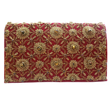 Load image into Gallery viewer, Luxury red velvet evening clutch bag embroidered with geometric pattern of antique gold eight sided star and flowers and embellished with tiger eye gemstones, formal purse, red and gold zardozi purse.
