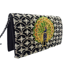 Load image into Gallery viewer, Vintage inspired embroidered peacock clutch bag, side view.