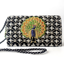 Load image into Gallery viewer, Vintage inspired embroidered peacock clutch bag with goldwork, zardozi bag.
