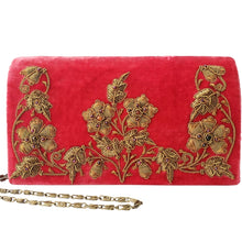 Load image into Gallery viewer, Vintage inspired red pink velvet clutch embroidered with copper flowers and inlaid with gemstones.
