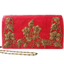 Load image into Gallery viewer, Luxury washed red velvet evening clutch bag embroidered with three columns of flowers in antique gold and embellished with genuine gemstones, pink floral wedding clutch, pink and gold zardozi purse.