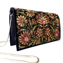 Load image into Gallery viewer, Warm brown embroidered floral handbag with rubies, side view, BoutiquebyMariam.