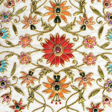 Load image into Gallery viewer, White bridal keepsake box embroidered with multicolor flowers and inlaid with rubies, close up view BoutiquebyMariam.