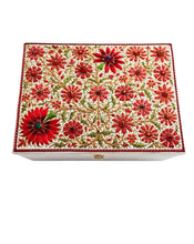 Load image into Gallery viewer, White silk bridal keepsake box embroidered with red flowers, top view, BoutiqueByMariam.