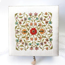 Load image into Gallery viewer, White silk treasure box hand embroidered with colorful flowers and embellished with genuine semi precious stones BoutiqueByMariam.

