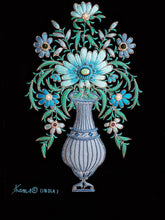 Load image into Gallery viewer, Hand embroidered turquoise silk blue flowers in tall vase on black velvet, zardozi wall art.