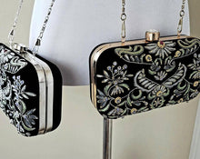 Load image into Gallery viewer, Two black velvet zardozi clutch bags with gray embroidery, silver tone or gold tone hardware.
