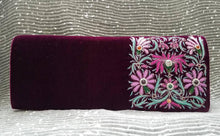 Load image into Gallery viewer, Magenta velvet clutch bag hand embroidered with pink silk flowers and embellished with genuine semi precious stones, zardozi purse.