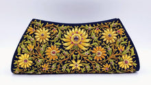 Load image into Gallery viewer, Luxury black evening clutch bag embroidered with yellow flowers and embellished with rubies, zardozi clutch.
