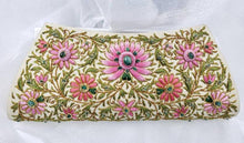 Load image into Gallery viewer, Luxury hand embroidered pink floral silk clutch bag on light gold silk, embellished with emeralds, zardozi handbag, side view.