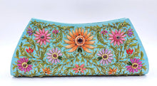 Load image into Gallery viewer, Turquoise blue clutch embroidered with multicolor flowers and embellished with star rubies, zardozi purse
