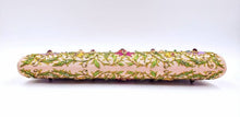 Load image into Gallery viewer, Peach silk clutch bag with multicolored silk flowers and central red lotus flower embellished with star rubies, zardozi purse, bottom view, embroidered front and back.