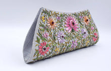Load image into Gallery viewer, Embroidered Gray Floral Silk Clutch Bag with Star Ruby