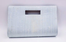 Load image into Gallery viewer, Gray silk top handle bag embroidered with silk butterflies and flowers and embellished with star rubies, zardozi purse, back view.