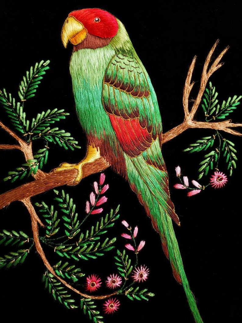 Embroidered green parrot tapestry, green silk parrot embroidered on black velvet, zardozi art.
