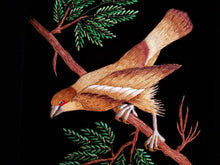 Load image into Gallery viewer, Embroidered bird tapestry, brown hawk embroidered on black velvet, zardozi art, close up view.