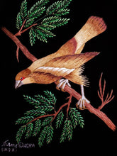 Load image into Gallery viewer, Embroidered bird tapestry, brown hawk embroidered on black velvet, zardozi art.