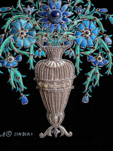 Load image into Gallery viewer, Embroidered floral wall art, blue silk flowers in tall vase embroidered on black velvet, zardozi wall art.