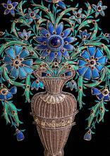 Load image into Gallery viewer, Embroidered floral wall art, blue silk flowers in tall vase embroidered on black velvet, zardozi wall art.