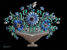 Load image into Gallery viewer, Embroidered floral tapestry, embroidered blue silk flowers in vase on black velvet with amethyst, zardozi tapestry.