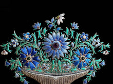 Load image into Gallery viewer, Embroidered floral tapestry, embroidered blue silk flowers in vase on black velvet with amethyst, zardozi tapestry.