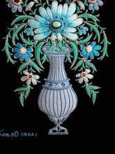 Load image into Gallery viewer, Hand embroidered turquoise silk blue flowers in tall vase on black velvet with semi precious stones, zardozi wall art.