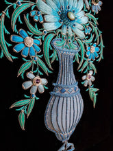 Load image into Gallery viewer, Hand embroidered turquoise silk blue flowers in tall vase on black velvet with semi precious stones, zardozi wall art, side view.