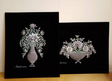 Load image into Gallery viewer, Embroidered floral wall art, set of gray silk flowers in tall vase and short vase embroidered on black velvet, zardozi wall art.