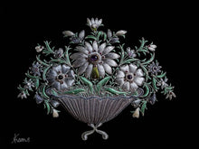 Load image into Gallery viewer, Hand embroidered silk floral tapestry wall art, embroidered gray silk flowers on black velvet with amethyst stone, zardozi tapestry.