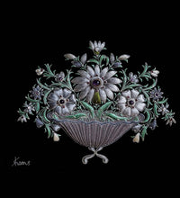 Load image into Gallery viewer, Hand embroidered silk floral tapestry wall art, embroidered gray silk flowers on black velvet with amethyst stone, zardozi tapestry.