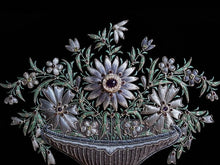 Load image into Gallery viewer, Embroidered floral tapestry wall art, embroidered gray flowers in taupe vase on black velvet, zardozi tapestry, close up view.