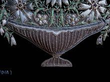 Load image into Gallery viewer, Embroidered floral tapestry wall art, embroidered gray flowers in taupe vase on black velvet, zardozi tapestry.