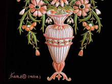 Load image into Gallery viewer, Hand embroidered floral wall art, embroidered orange silk flowers in tall vase on black velvet, zardozi wall art.