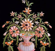 Load image into Gallery viewer, Hand embroidered floral wall art, embroidered orange silk flowers in tall vase on black velvet, zardozi wall art.