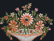 Load image into Gallery viewer, Hand embroidered floral tapestry wall art, orange peach color silk flowers embroidered on black velvet, zardozi tapestry.