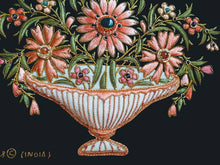 Load image into Gallery viewer, Hand embroidered floral tapestry wall art, orange peach color silk flowers embroidered on black velvet, zardozi tapestry.