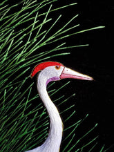 Load image into Gallery viewer, Embroidered silk bird tapestry, purple crane posing in grassland with ornate border, zardozi art, close up of head.