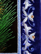 Load image into Gallery viewer, Embroidered silk bird tapestry, purple crane posing in grassland with ornate border, zardozi art, ornate border.
