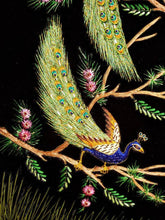 Load image into Gallery viewer, Embroidered peacock tapestry, embroidered silk and velvet tapestry of two peacocks with blue border, zardozi wall art, close up view.