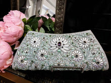 Load image into Gallery viewer, Luxury hand embroidered white floral silk bridal clutch bag with amethyst, zardozi evening bag