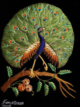 Load image into Gallery viewer, Embroidered peacock wall art, silk peacock embroidered on black velvet, zardozi art.