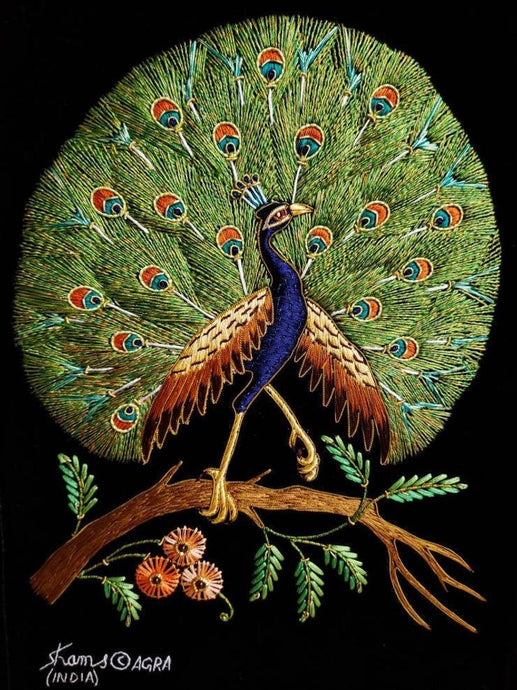 Embroidered peacock wall art, silk peacock on black velvet, zardozi tapestry.