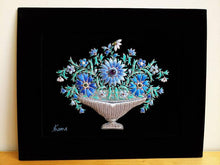 Load image into Gallery viewer, Embroidered floral tapestry, embroidered blue silk flowers in vase on black velvet with amethyst, zardozi tapestry.