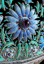 Load image into Gallery viewer, Embroidered floral tapestry, embroidered blue silk flowers in vase on black velvet with amethyst, zardozi tapestry, close up view of amethyst.